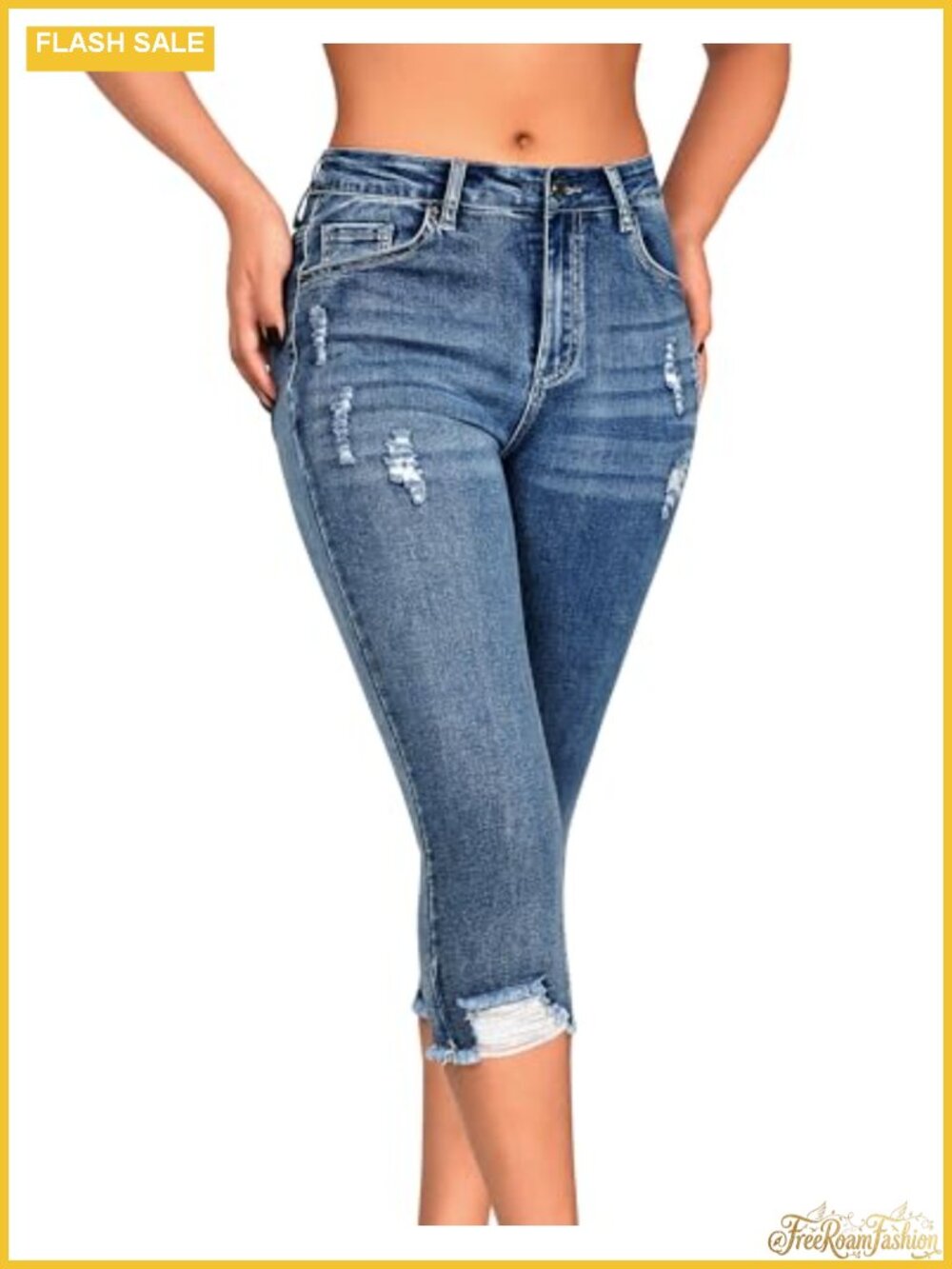 Women's Mid Rise Cropped Skinny Jeans, Ripped Distressed Denim Capri Pants